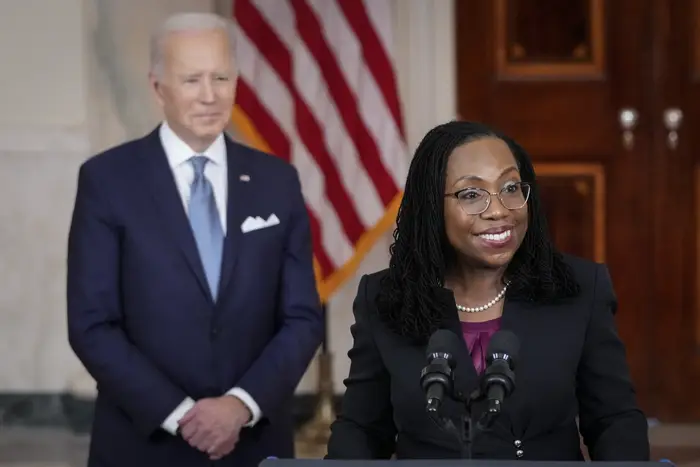 Federal Judge Ketanji Brown Jackson addresses reporters after being introduced by President Joe Biden at the White House Feb. 25 as his nominee to succeed Justice Stephen Breyer on the U.S. Supreme Court.